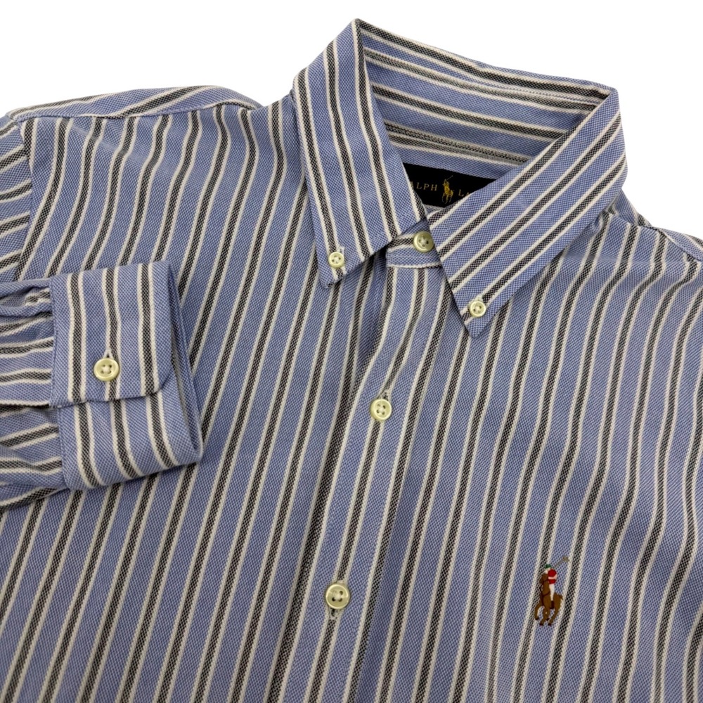 Ralph Lauren Button Down Shirt Men M Blue Stripe Slim Fit Knit Oxford Flesh Pony